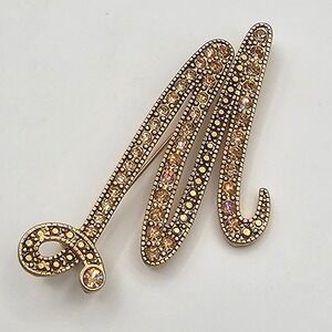 LC Initial Letter M Brooch Gold Tone Sparkle Rhinestone Script Pin Gift Name